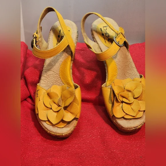 Boc Born 7 Concept Leather Yellow Slingback Floral Cork Wedge Flower Sandal - Picture 7 of 11